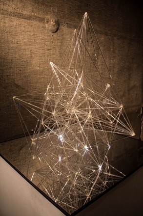 Mona Choo, Web of Consciousness, 2013. Acrylic rods, glue, resin, fibre-optic strands, batteries, LED lights, wire, mirror panel, (Approx.) 60 x 65 x 80cm.